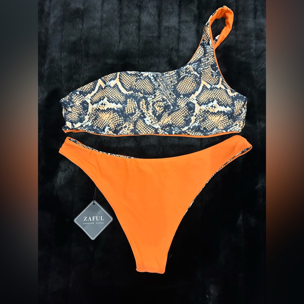 Zaful one shoulder bikini set. Orange/black snake skin print. Size large.